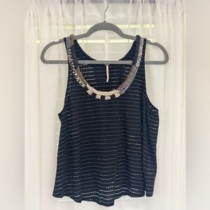 Free People | Black Metallic Striped Split Back Beaded Tank Top | Size Medium